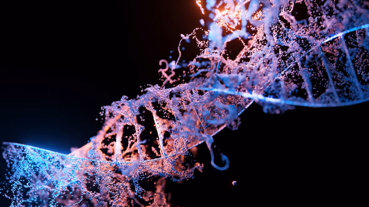 Representação tridimensional de estrutura molecular relacionada à edição genética CRISPR, em tons de azul e roxo