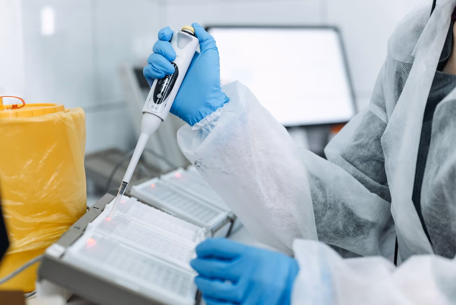 Pessoa com luvas usa uma pipeta diante de tubos e equipamentos de laboratório