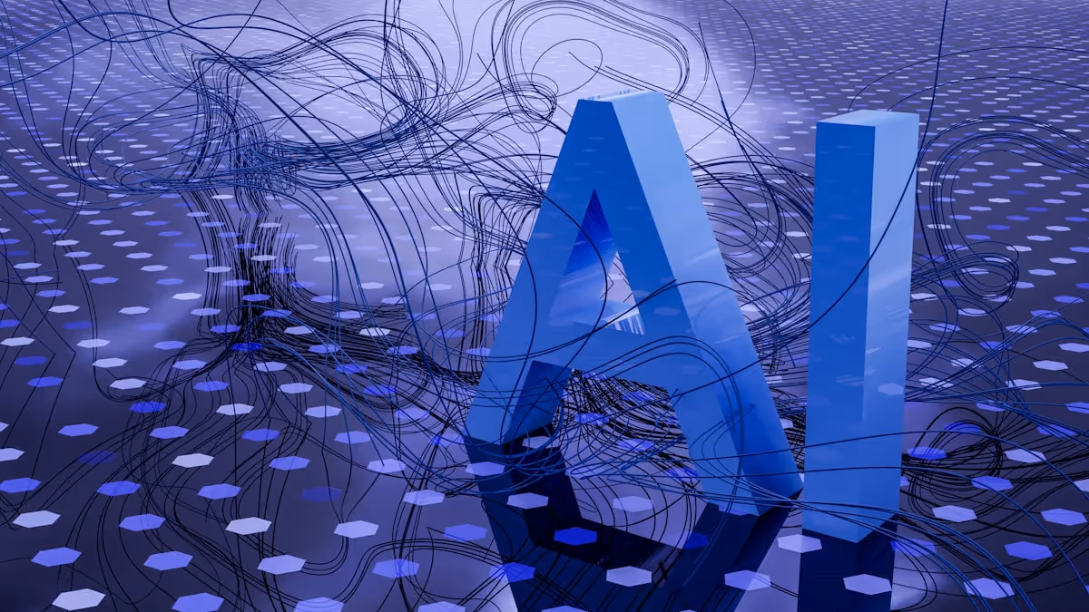Texto "AI" em renderização 3D sobre fundo digital escuro representando inteligência artificial