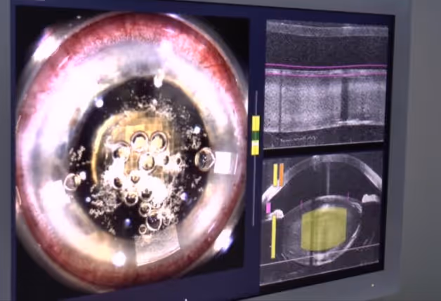 Monitor do laser de femtossegundo LenSx Alcon durante cirurgia de catarata